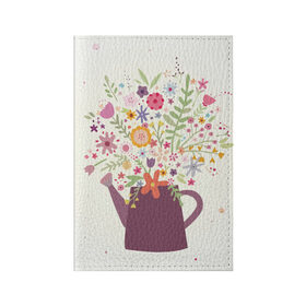 Обложка для паспорта матовая кожа с принтом Цветы в чайнике в Белгороде, натуральная матовая кожа | размер 19,3 х 13,7 см; прозрачные пластиковые крепления | рисунок | цветы | цветы в чайнике | чайник