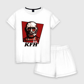 Женская пижама с шортиками хлопок с принтом KFH - Kentucky Fried Human в Белгороде, 100% хлопок | футболка прямого кроя, шорты свободные с широкой мягкой резинкой | Тематика изображения на принте: anime | attack | fried | human | kentucky | kfh | kyojin | manga | no | of | on | shingeki | titan | titans | аниме | армин | атака | бертольд | колосс | колоссальный | манга | микаса | райнер | титан | титанов | титаны | человек | энни