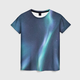 Женская футболка 3D с принтом Северное Сияние в Белгороде, 100% полиэфир ( синтетическое хлопкоподобное полотно) | прямой крой, круглый вырез горловины, длина до линии бедер | звёздное небо | зелёный | северное небо. | синий | фиолетовый