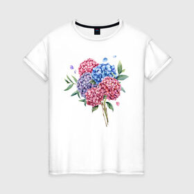 Женская футболка хлопок с принтом букет гаотензий в Белгороде, 100% хлопок | прямой крой, круглый вырез горловины, длина до линии бедер, слегка спущенное плечо | 8 марта | весна | девушке | женский | мама | подарок | тренд | феминизм | цветы