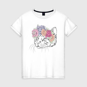 Женская футболка хлопок с принтом кошка в цветах в Белгороде, 100% хлопок | прямой крой, круглый вырез горловины, длина до линии бедер, слегка спущенное плечо | 8 марта | весна | девушке | женский | мама | подарок | тренд | феминизм | цветы