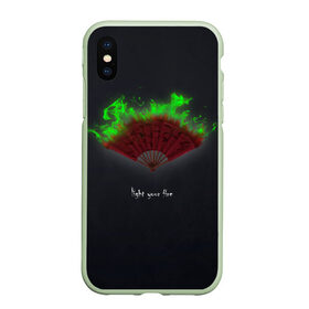 Чехол для iPhone XS Max матовый с принтом Light your fire в Белгороде, Силикон | Область печати: задняя сторона чехла, без боковых панелей | Тематика изображения на принте: веер | зажги свой огонь | зеленый огонь | пламя | темный фон