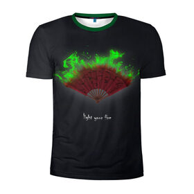 Мужская футболка 3D спортивная с принтом Light your fire в Белгороде, 100% полиэстер с улучшенными характеристиками | приталенный силуэт, круглая горловина, широкие плечи, сужается к линии бедра | веер | зажги свой огонь | зеленый огонь | пламя | темный фон