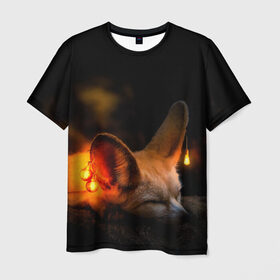 Мужская футболка 3D с принтом Лисичка с фонариками в Белгороде, 100% полиэфир | прямой крой, круглый вырез горловины, длина до линии бедер | Тематика изображения на принте: fox | foxy | животное | звери | лиса | лисенок | лисичка | милая | рыжая | фокс