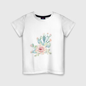 Детская футболка хлопок с принтом цветущий кактус акварель в Белгороде, 100% хлопок | круглый вырез горловины, полуприлегающий силуэт, длина до линии бедер | Тематика изображения на принте: акварель | акварельный | весна | кактус | мило | природа | растение | рисунок | суккулент | цветение | цветок | цветущий
