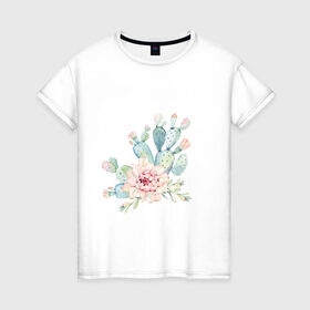 Женская футболка хлопок с принтом цветущий кактус акварель в Белгороде, 100% хлопок | прямой крой, круглый вырез горловины, длина до линии бедер, слегка спущенное плечо | акварель | акварельный | весна | кактус | мило | природа | растение | рисунок | суккулент | цветение | цветок | цветущий