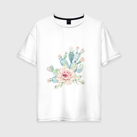 Женская футболка хлопок Oversize с принтом цветущий кактус акварель в Белгороде, 100% хлопок | свободный крой, круглый ворот, спущенный рукав, длина до линии бедер
 | акварель | акварельный | весна | кактус | мило | природа | растение | рисунок | суккулент | цветение | цветок | цветущий
