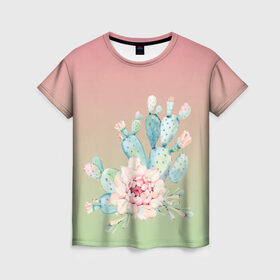 Женская футболка 3D с принтом суккулент градиент в Белгороде, 100% полиэфир ( синтетическое хлопкоподобное полотно) | прямой крой, круглый вырез горловины, длина до линии бедер | акварель | акварельный | весна | кактус | мило | природа | растение | рисунок | суккулент | сукулент | цветение | цветок | цветущий | цветы