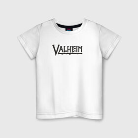 Детская футболка хлопок с принтом Valheim logo в Белгороде, 100% хлопок | круглый вырез горловины, полуприлегающий силуэт, длина до линии бедер | Тематика изображения на принте: valheim | valheim логотип | вальхейм | выживание | игра | игры