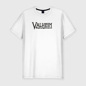 Мужская футболка хлопок Slim с принтом Valheim logo в Белгороде, 92% хлопок, 8% лайкра | приталенный силуэт, круглый вырез ворота, длина до линии бедра, короткий рукав | valheim | valheim логотип | вальхейм | выживание | игра | игры