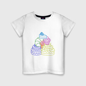 Детская футболка хлопок с принтом Пищевая пирамида (сладкая) в Белгороде, 100% хлопок | круглый вырез горловины, полуприлегающий силуэт, длина до линии бедер | Тематика изображения на принте: вкуснятина | глазурь | кекс | круассан | кусок торта | кусочек торта | леденец | лолипоп | маффин | пирамида | пищевая | сладкая | торт | тортик