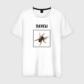 Мужская футболка хлопок с принтом Паукъ в Белгороде, 100% хлопок | прямой крой, круглый вырез горловины, длина до линии бедер, слегка спущенное плечо. | абстракция | бред | жак фреско | жуки | насекомое | паук | пауки | паучок | странная надпись | тараканы | тупость