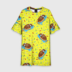 Детское платье 3D с принтом Плачущий пончик в Белгороде, 100% полиэстер | прямой силуэт, чуть расширенный к низу. Круглая горловина, на рукавах — воланы | Тематика изображения на принте: food | грусть | еда | мультик.персонаж | плачущий пончик | сладость