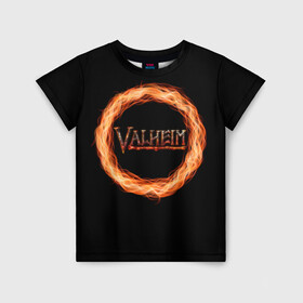 Детская футболка 3D с принтом Valheim - огненный круг в Белгороде, 100% гипоаллергенный полиэфир | прямой крой, круглый вырез горловины, длина до линии бедер, чуть спущенное плечо, ткань немного тянется | Тематика изображения на принте: valheim | вальхейм | викинги | игра | компьютерный | круг | логотип | минимализм | огненный | огонь | подарок | черный