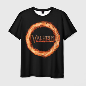 Мужская футболка 3D с принтом Valheim - огненный круг в Белгороде, 100% полиэфир | прямой крой, круглый вырез горловины, длина до линии бедер | Тематика изображения на принте: valheim | вальхейм | викинги | игра | компьютерный | круг | логотип | минимализм | огненный | огонь | подарок | черный