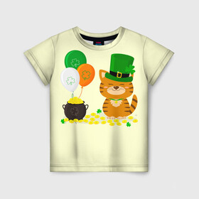 Детская футболка 3D с принтом Ирландский Кот в Белгороде, 100% гипоаллергенный полиэфир | прямой крой, круглый вырез горловины, длина до линии бедер, чуть спущенное плечо, ткань немного тянется | день святого патрика | ирландия | ирландский | ирландский клевер | ирландский кот | клевер | кот | патрик | с котом | святой патрик