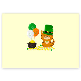 Поздравительная открытка с принтом Ирландский Кот в Белгороде, 100% бумага | плотность бумаги 280 г/м2, матовая, на обратной стороне линовка и место для марки
 | Тематика изображения на принте: день святого патрика | ирландия | ирландский | ирландский клевер | ирландский кот | клевер | кот | патрик | с котом | святой патрик