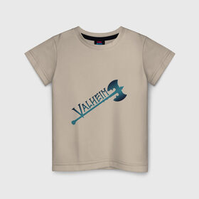 Детская футболка хлопок с принтом Valheim тёмное лого с секирой в Белгороде, 100% хлопок | круглый вырез горловины, полуприлегающий силуэт, длина до линии бедер | p2p | pvp | valheim | валхейм | викинг | викинги | выживание | градиент | лого | песочница | сага | секира | скандинавы | сурвайвал | тёмный
