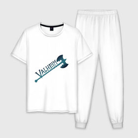 Мужская пижама хлопок с принтом Valheim тёмное лого с секирой в Белгороде, 100% хлопок | брюки и футболка прямого кроя, без карманов, на брюках мягкая резинка на поясе и по низу штанин
 | p2p | pvp | valheim | валхейм | викинг | викинги | выживание | градиент | лого | песочница | сага | секира | скандинавы | сурвайвал | тёмный