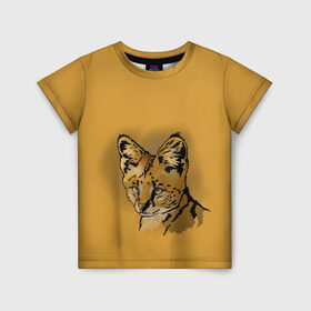 Детская футболка 3D с принтом Сервал в Белгороде, 100% гипоаллергенный полиэфир | прямой крой, круглый вырез горловины, длина до линии бедер, чуть спущенное плечо, ткань немного тянется | африка | графика | дикий мир | животное | кошка | персонаж | природа | рисунок | хищник