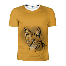 Мужская футболка 3D спортивная с принтом Сервал в Белгороде, 100% полиэстер с улучшенными характеристиками | приталенный силуэт, круглая горловина, широкие плечи, сужается к линии бедра | африка | графика | дикий мир | животное | кошка | персонаж | природа | рисунок | хищник