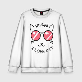 Детский свитшот 3D с принтом I Love cat (я люблю котов) в Белгороде, 100% полиэстер | свободная посадка, прямой крой, мягкая тканевая резинка на рукавах и понизу свитшота | Тематика изображения на принте: 8 марта | cat | i love you | kiss | love | губы | девушке | день влюбленных | зубы | киса | кот | котик | коты | люблю котов | любовь | любтмой | марта | очки | поцелуй | розовые губы | розовый | страсть | течет