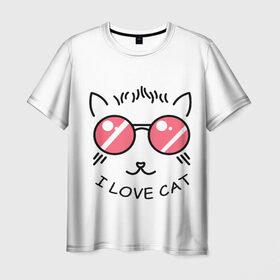 Мужская футболка 3D с принтом I Love cat (я люблю котов) в Белгороде, 100% полиэфир | прямой крой, круглый вырез горловины, длина до линии бедер | 8 марта | cat | i love you | kiss | love | губы | девушке | день влюбленных | зубы | киса | кот | котик | коты | люблю котов | любовь | любтмой | марта | очки | поцелуй | розовые губы | розовый | страсть | течет