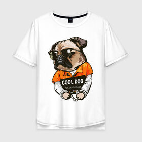 Мужская футболка хлопок Oversize с принтом Крутой мопс в Белгороде, 100% хлопок | свободный крой, круглый ворот, “спинка” длиннее передней части | бандит | мопс | опасный | очки | пёс | преступник | собака | хипстер | хулиган