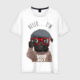 Мужская футболка хлопок с принтом Хороший мальчик в Белгороде, 100% хлопок | прямой крой, круглый вырез горловины, длина до линии бедер, слегка спущенное плечо. | Тематика изображения на принте: кепка | мальчик | мопс | очки | пёс | собака | хипстер | хороший