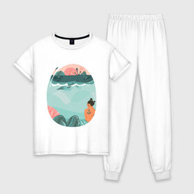 Женская пижама хлопок с принтом Подводный мир в Белгороде, 100% хлопок | брюки и футболка прямого кроя, без карманов, на брюках мягкая резинка на поясе и по низу штанин | арт | вода | мир | подводный | природа | рисунок | русалка | сказка