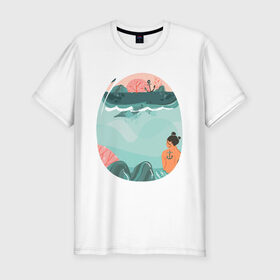 Мужская футболка хлопок Slim с принтом Подводный мир в Белгороде, 92% хлопок, 8% лайкра | приталенный силуэт, круглый вырез ворота, длина до линии бедра, короткий рукав | арт | вода | мир | подводный | природа | рисунок | русалка | сказка