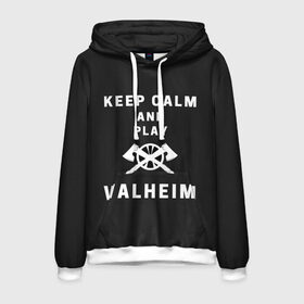 Мужская толстовка 3D с принтом Keep calm and play Valheim в Белгороде, 100% полиэстер | двухслойный капюшон со шнурком для регулировки, мягкие манжеты на рукавах и по низу толстовки, спереди карман-кенгуру с мягким внутренним слоем. | Тематика изображения на принте: elder | loki | odin | the | thor | valheim | биврёст | валхейм | вальхейм | викинги | всеотец | дракар | древний | древо | ётун | йотун | локи | мира | один | тор | фенир | хель | черный лес | эйктюр