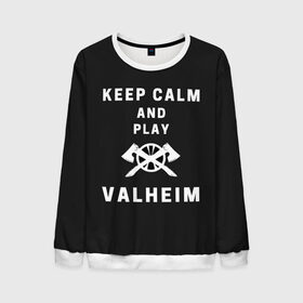 Мужской свитшот 3D с принтом Keep calm and play Valheim в Белгороде, 100% полиэстер с мягким внутренним слоем | круглый вырез горловины, мягкая резинка на манжетах и поясе, свободная посадка по фигуре | elder | loki | odin | the | thor | valheim | биврёст | валхейм | вальхейм | викинги | всеотец | дракар | древний | древо | ётун | йотун | локи | мира | один | тор | фенир | хель | черный лес | эйктюр