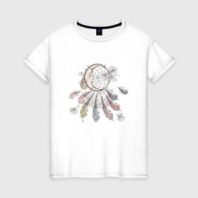 Женская футболка хлопок с принтом Лунный ловец в Белгороде, 100% хлопок | прямой крой, круглый вырез горловины, длина до линии бедер, слегка спущенное плечо | защита | ловец снов | луна | магия | месяц | перья | сны