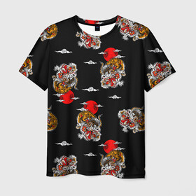 Мужская футболка 3D с принтом Японский стиль - тигры в Белгороде, 100% полиэфир | прямой крой, круглый вырез горловины, длина до линии бедер | арт | животные | облака | огонь | пламя | рисунок | стиль | тигр | японский