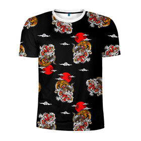Мужская футболка 3D спортивная с принтом Японский стиль - тигры в Белгороде, 100% полиэстер с улучшенными характеристиками | приталенный силуэт, круглая горловина, широкие плечи, сужается к линии бедра | Тематика изображения на принте: арт | животные | облака | огонь | пламя | рисунок | стиль | тигр | японский