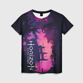 Женская футболка 3D с принтом Horizon Zero Dawn в Белгороде, 100% полиэфир ( синтетическое хлопкоподобное полотно) | прямой крой, круглый вырез горловины, длина до линии бедер | aloy | guerrilla games | horizon zero dawn | элой