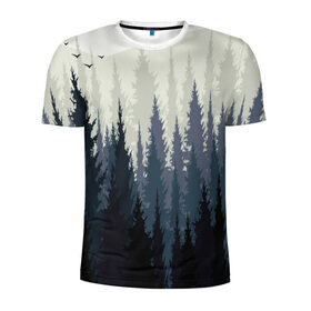 Мужская футболка 3D спортивная с принтом Лес в Белгороде, 100% полиэстер с улучшенными характеристиками | приталенный силуэт, круглая горловина, широкие плечи, сужается к линии бедра | густой лес | деревья | лес | минимализм | природа | птицы