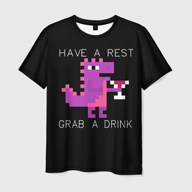 Мужская футболка 3D с принтом Динозаврик с вином в Белгороде, 100% полиэфир | прямой крой, круглый вырез горловины, длина до линии бедер | английский текст | вино | динозавр | пиксели | пиксель арт