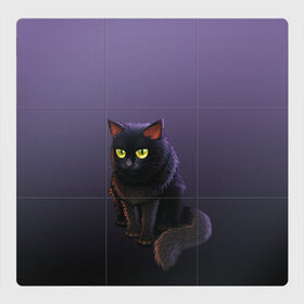 Магнитный плакат 3Х3 с принтом черный кот на фиолетовом в Белгороде, Полимерный материал с магнитным слоем | 9 деталей размером 9*9 см | cat | kitten | большие глаза | глазища | градиент | дьявол | кот | котейка | котик | кошка | мрачный | мяу | персонаж | рисунок | фиолетовый | черный | шерсть