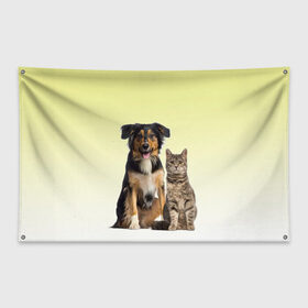 Флаг-баннер с принтом кошка и собака друзья в Белгороде, 100% полиэстер | размер 67 х 109 см, плотность ткани — 95 г/м2; по краям флага есть четыре люверса для крепления | cat | kitten | вместе | домашние любимцы | друзья | животные | кот | котейка | котик | кошка | пес | собака | соседи