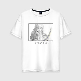 Женская футболка хлопок Oversize с принтом Гриффит в Белгороде, 100% хлопок | свободный крой, круглый ворот, спущенный рукав, длина до линии бедер
 | berserk | griffith | аниме парень | длинные волосы | иероглифы | имя на японском | меч | черная рамка