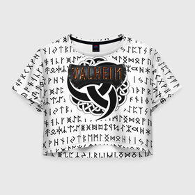 Женская футболка Crop-top 3D с принтом Valheim в Белгороде, 100% полиэстер | круглая горловина, длина футболки до линии талии, рукава с отворотами | iron gate | викинги | руны | скандинавия | скандинавские боги