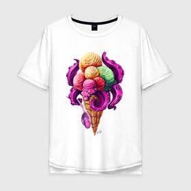Мужская футболка хлопок Oversize с принтом Монстро мороженное в Белгороде, 100% хлопок | свободный крой, круглый ворот, “спинка” длиннее передней части | Тематика изображения на принте: sweets | вкусняшка | монстры | мороженное | щупальца