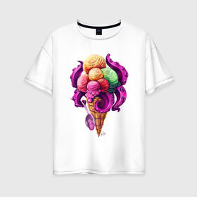 Женская футболка хлопок Oversize с принтом Монстро мороженное в Белгороде, 100% хлопок | свободный крой, круглый ворот, спущенный рукав, длина до линии бедер
 | sweets | вкусняшка | монстры | мороженное | щупальца