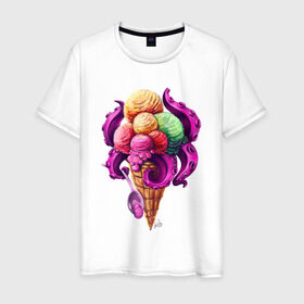 Мужская футболка хлопок с принтом Монстро мороженное в Белгороде, 100% хлопок | прямой крой, круглый вырез горловины, длина до линии бедер, слегка спущенное плечо. | sweets | вкусняшка | монстры | мороженное | щупальца