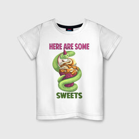 Детская футболка хлопок с принтом Змеиные ссссладости в Белгороде, 100% хлопок | круглый вырез горловины, полуприлегающий силуэт, длина до линии бедер | Тематика изображения на принте: snake | sweet | sweets | десерты | змея | сладкое