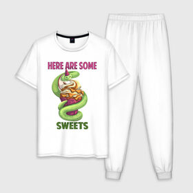 Мужская пижама хлопок с принтом Змеиные ссссладости в Белгороде, 100% хлопок | брюки и футболка прямого кроя, без карманов, на брюках мягкая резинка на поясе и по низу штанин
 | snake | sweet | sweets | десерты | змея | сладкое