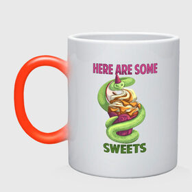 Кружка хамелеон с принтом Змеиные ссссладости в Белгороде, керамика | меняет цвет при нагревании, емкость 330 мл | Тематика изображения на принте: snake | sweet | sweets | десерты | змея | сладкое
