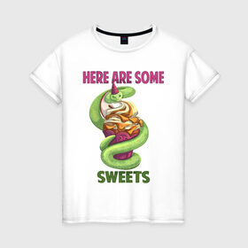 Женская футболка хлопок с принтом Змеиные ссссладости в Белгороде, 100% хлопок | прямой крой, круглый вырез горловины, длина до линии бедер, слегка спущенное плечо | Тематика изображения на принте: snake | sweet | sweets | десерты | змея | сладкое